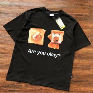 ADLV Cartoon Bread Cat Dog Print Alphabet Black Short Sleeves